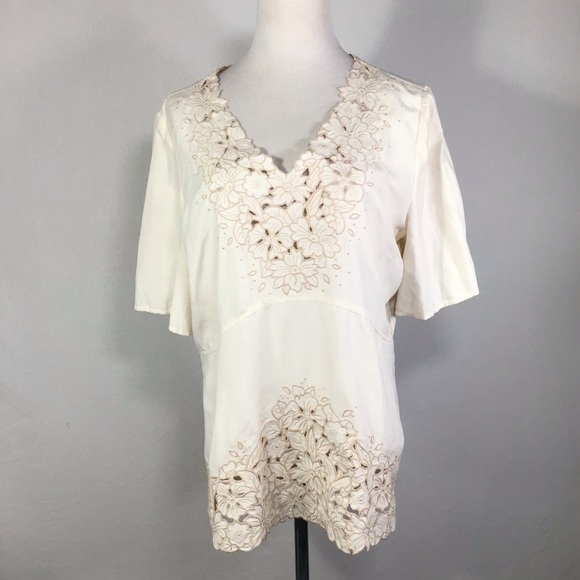 J Jill silk and linen blend embroidered cutout top - Picture 1 of 4